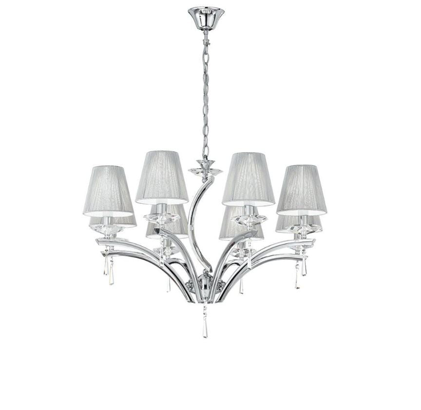 Sospensione 8 luci in metallo cromato cristalli K9 paralumi tessuto silver 8XE14 non incl. ORCHESTRA Sospensione 8 luci in metallo cromato cristalli K9 paralumi tessuto silver 8XE14 non incl. ORCHESTRA
